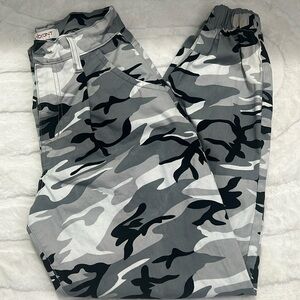 Gray, white, and black. camouflage joggers. NEVER WORN.